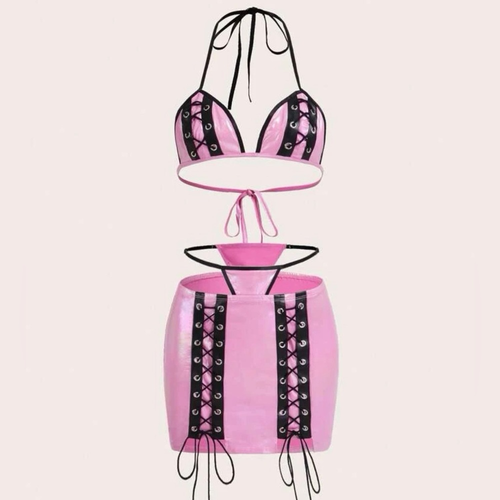 Y2K Pink Holographic & Black Lace-Up Triangle Top & V-Cut Mini Skirt Set